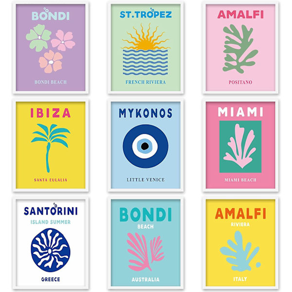 Heytea 9 stk. Preppy Rejse Vægskunst Tryk Abstrakt Æstetisk Preppy Værelsesindretning Farverige Minimalistiske Uindrammede Kunstplakat Dekoration til Stue Teen Pige