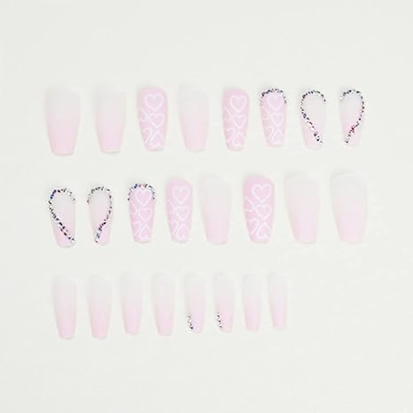 Kiste Valentinsdag Tryk på Negle Pink Medium Lange Falske Negle Rhinestone Wo P1599