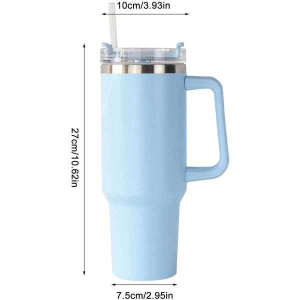 Vandflaske i rustfrit stål | Krus med sugerør og hank | Lækagesikker vakuumisoleret vandflaske til varm iskaffe (lyseblå)