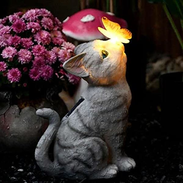 Katt Hagedekorative Sommerfugl Utendørs Solcellelamper Balkonglayout Søt Katt Sommerfugl Harpiks Dekorative Utendørs Solcellelamper Kreative Dyr