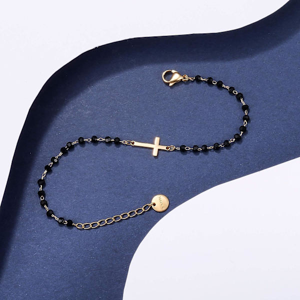 Kors Charm Armbånd i Rustfritt Stål med Sorte Perler - Enkelt Lykkebringende Charm Armbånd (Gull) gold