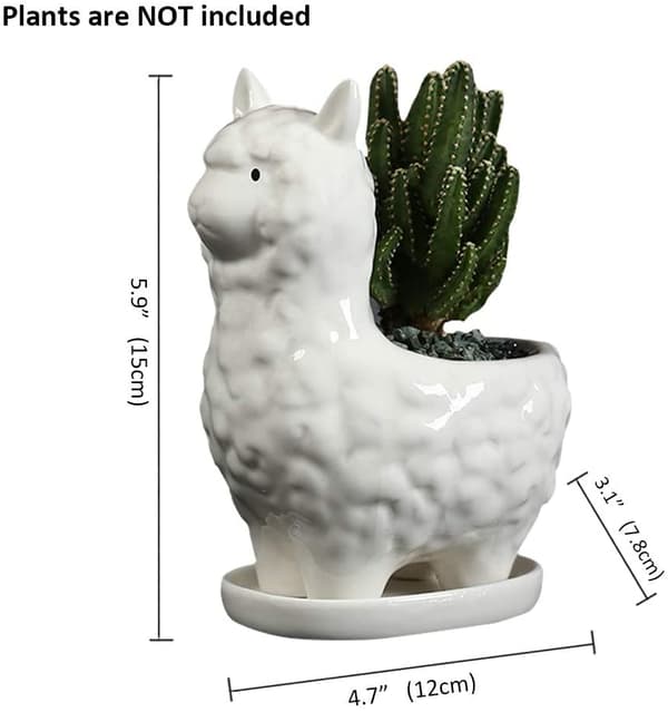 Söt Alpacka Succulent Planter med Dräneringsbricka, Vit Cera