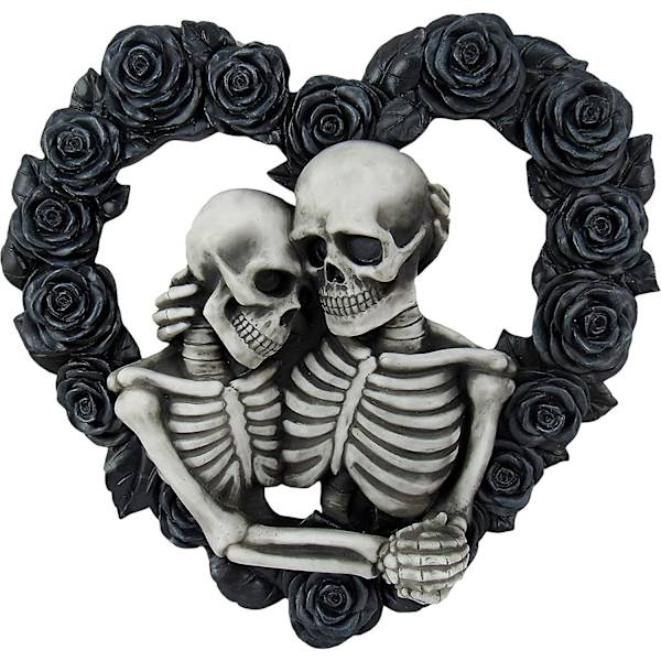 GHYT Vores kærlighed er evig - Smuk gotisk kranieelsker kram sort rosekrans vægskulptur romantisk gotisk Valentinsdag gave boligindretning dør
