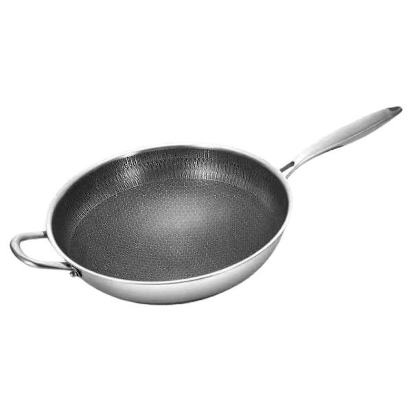 Rustfritt stål Wok Honeycomb Grain Stekepanne Dobbel håndtak