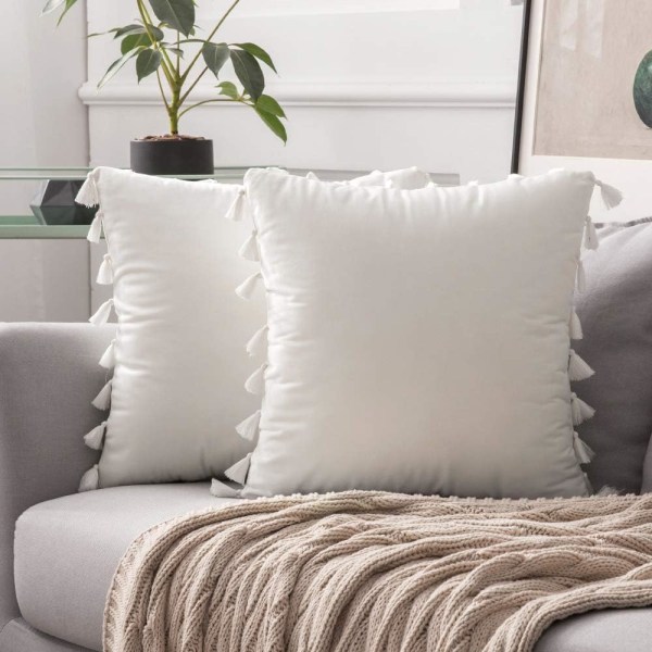 Pakke med 2 Bløde Fløjlsagtige Dekorative Pudebetræk med Kvaster Boho Stil Pudebetræk til Sofa Seng 45x45cm Ren Hvid bleach 45*45cm