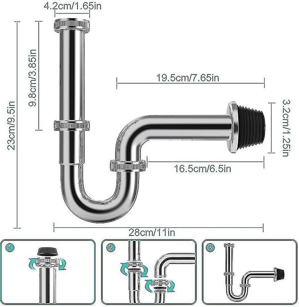 Siphon.universal Rörsifon i rostfritt stål / Handfatsifon.Rörluktfälla Plus 1