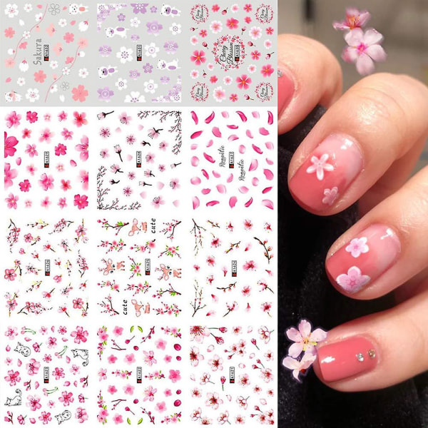 Sakura Nail Water Stickers Dekaler Rosa Kirsebærblomster Tre med blader Nail Art Glidere Sommer For Nail Art Decoration Vannmerke Blomsterdesign Folie