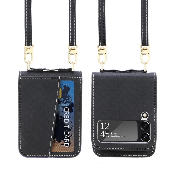 Lanyard Lærveske kompatibel Samsung Galaxy Z Flip 3 Z Flip 4 med kortholder Støtsikker crossbody Black