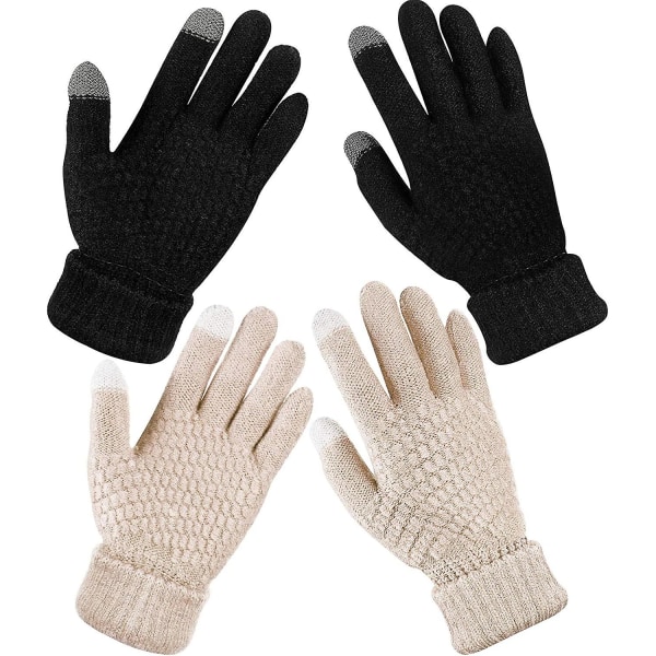 2 paria naisten talven kosketusnäytölliset käsineet Lämpimät fleecevuoratut neulotut käsineet Joustava ranneke talvitekstityskäsineet