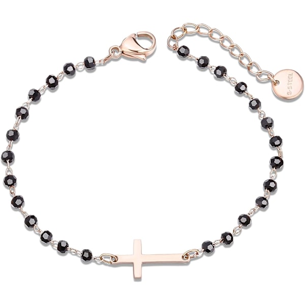 Kors Charm Armbånd i Rustfrit Stål med Sorte Perler - Enkelt Lykkearmbånd (Rosaguld) rose gold