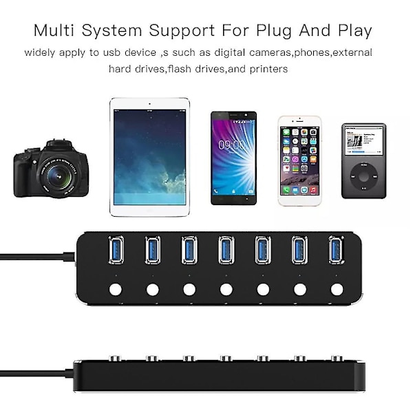 USB Hub 7 Porte USB 3.0 5gbps Hub Splitter Forlænger Med Switch Og LED Til Laptop PC Sort