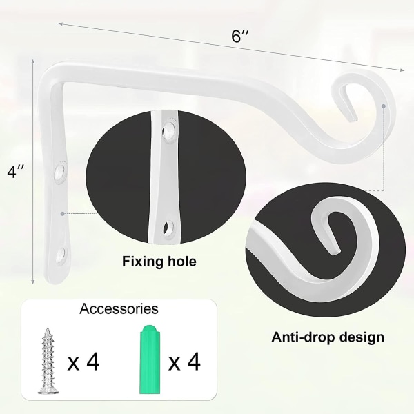 6-tums hängande växtkrok, dekorativ rak växtupphängare för fågelmatare (2, vit