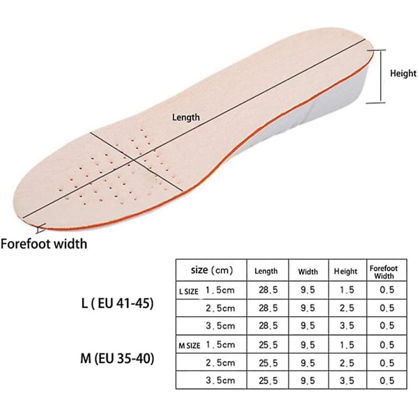 Øk innersålehøyde 1,5 cm Pustende full sko Øk innerpute hæler Usynlige innleggssåler for menn kvinner (størrelse M, 35 - 40)