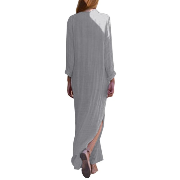 Dame Trykt Langærmet V-hals Kjole Split Hem Baggy Kaftan Lang Kjole Gray S