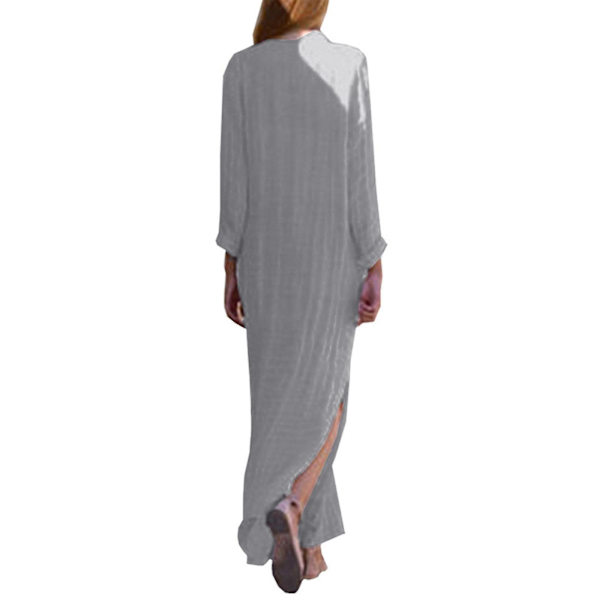 Kvinnors tryckta långärmade V-ringad klänning med slitsad fåll, baggy kaftan lång klänning Gray S
