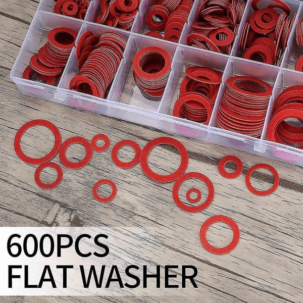 600 stk Fiberskive Assorted Kit 12 Størrelse Rød Stål Papir Fiber Flat Washer Kit Flat Ring Seal Assor