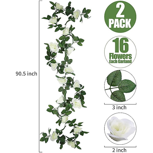 2 Pakke Blomsterguirlande Kunstige Hvide Roseguirlander Blomster Vinstok Kunstige Blomster