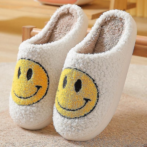 Smiley Face Tøfler Kvinner Smil Tøfler Happy Face Tøfler Retro Smiley Face Myk Plysj 40-41 White