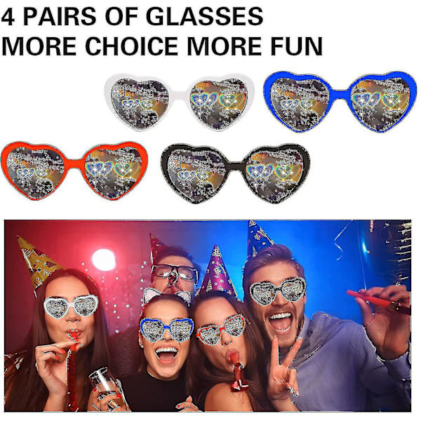 4 st Hjärtformade Diffraktionsglasögon, 3D Hjärtformade Solglasögon som Kan Förvandla Ljuset till en Hjärtform, Hjärtformade Glasögon med Specialeffekter Kan B