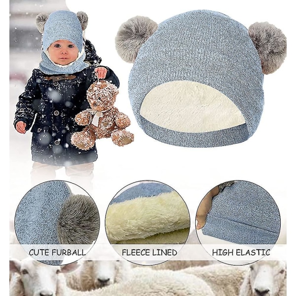 Børne vinter huetørklæde og handsker 3 i 1 varm hue sæt Pompom hatte med tyk fleece L