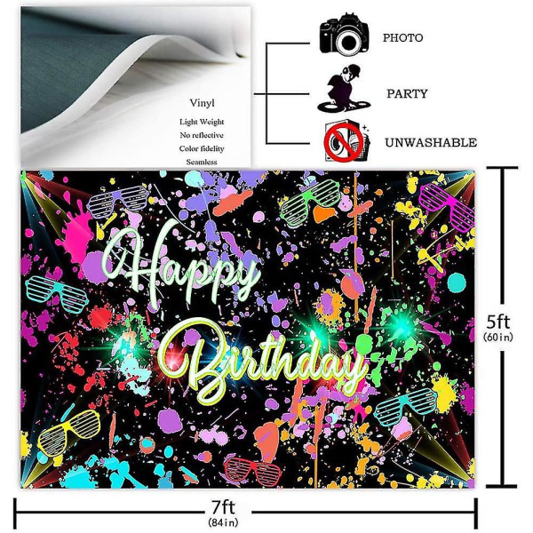 Neon syntymäpäiväjuhlien tausta 7x5 jalkaa hehkuu pimeässä Graffiti Splatter Happy Birthday Party Banner -tausta Lets Glow Dance Syntymäpäivädeco