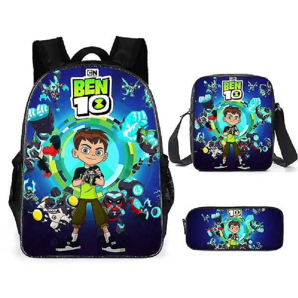 3 stk/sæt Ben 10 Satchel Anime Casual Skoletaske Polyester Rygsæk Med Pencil Bag Messenger Bag