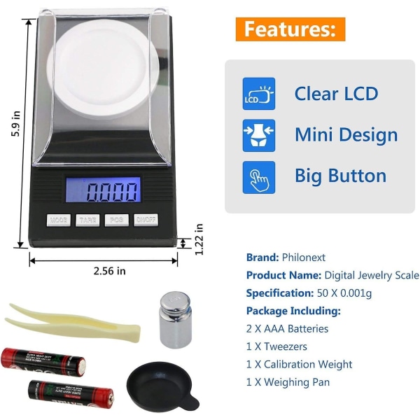 Præcisionslommevægt, smykkevægte 50 X 0,001 g digitalvægt køkkenvægt med LCD-skærm med kalibreringsvægtpincet og vejepande