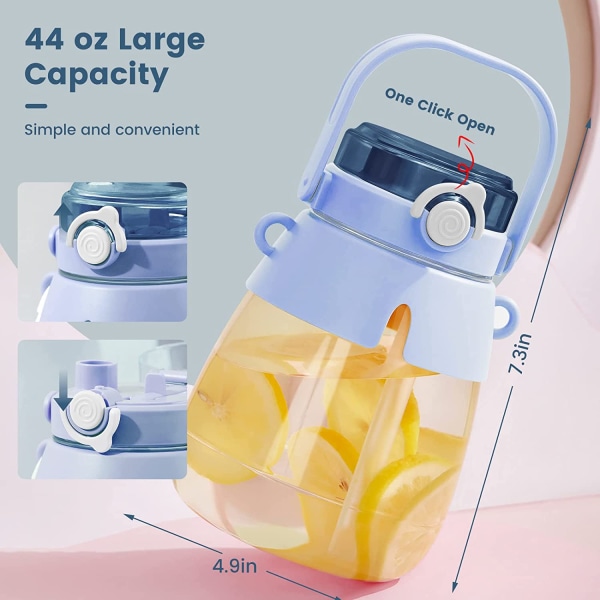 44 oz vattenflaskor med sugrör, Kawaii Kids vattenflaska med handtag och axelrem, BPA-fri läckagesäker （Blå）