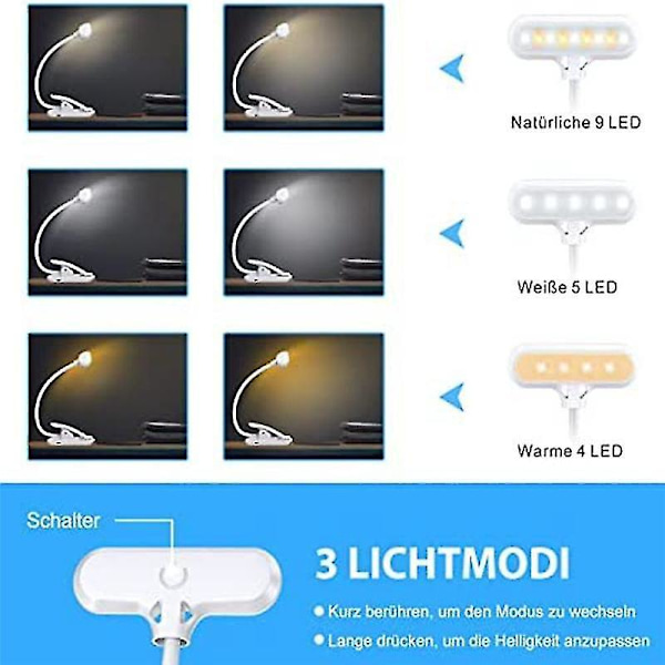 Läslampa Bokklämma, 9 Led Klämlampa Med 3 Färgtemperatur Och Dimbar Touch Switch, Usb