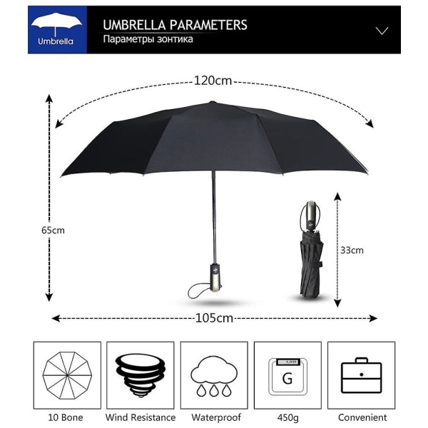 Mænds Vindtæt Automatisk Paraply 3-Fold Kompakt Paraply - (sort)