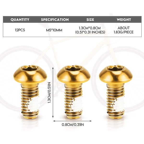 12 stk rustfrit stål mountainbike bremseskivebolte Bolte M5*10mm bremserotorbolte faste bolte (guld)