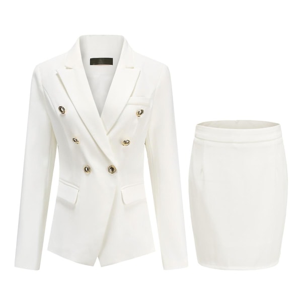 Yynuda dame 2-delt elegant kontor dame professionel kjole dobbeltradet forretningsdragt (blazer + nederdel) White XL