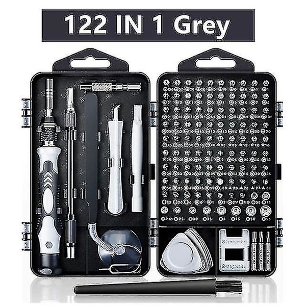 Tietokoneen korjaussarja, 122 in 1 magneettinen kannettava ruuvimeisselisarja, tarkkuusruuvimeisselisarja, pieni iskuruuve meisselisarja kotelolla 122 in 1 Gray