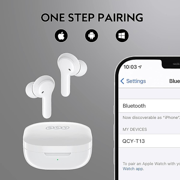 Trådløse hodetelefoner, Qcy T13-headset med Bluetooth 5.1, mikrofon, berøringskontroll, 40 timer
