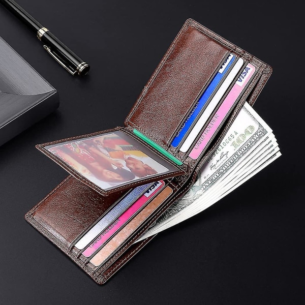 Slanke RFID-punge til mænd - Ægte læder forlomme Bifold pung Rejse pung Kaffe