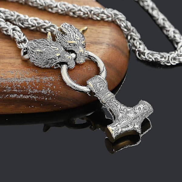 Halsband med varghuvud för män, nordisk smyckesamulett, Thors hammare