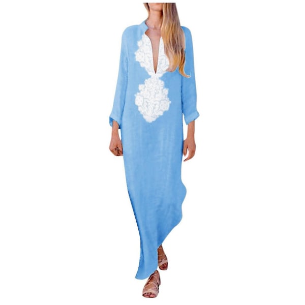 Dametrykt langermet V-hals kjole Delt hem Baggy Kaftan lang kjole Blue L