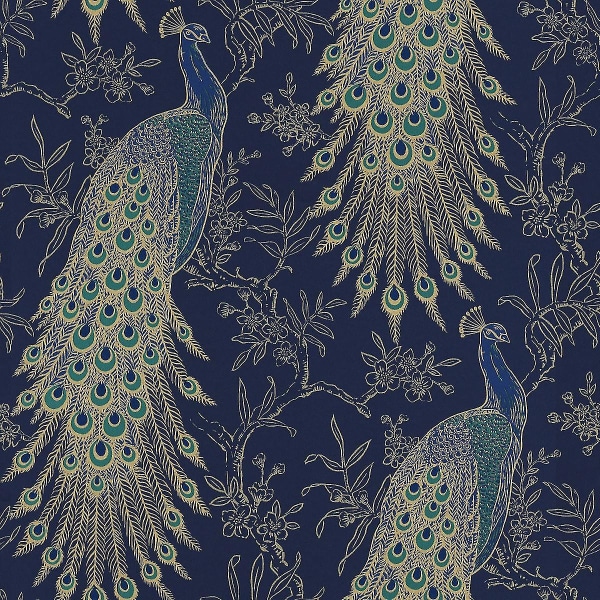 Portfolio Peacock Wallpaper Navy / Gold Rasch 282992