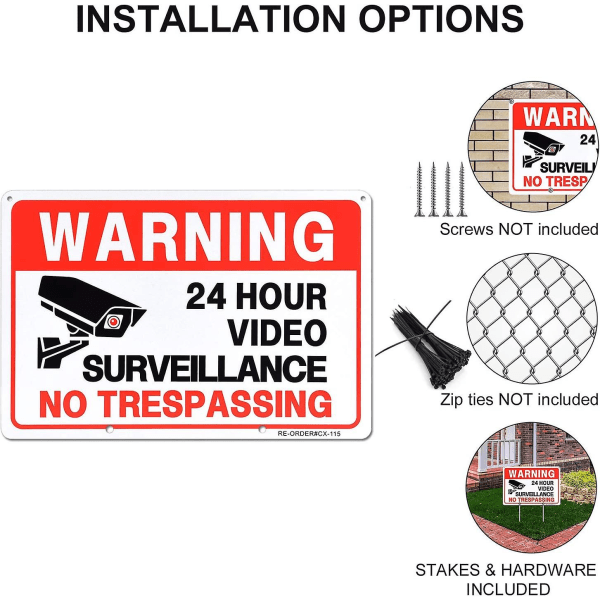 2-pakke videoovervåkingsskilt med metallinnsatser, 12'' X 9'' aluminium Advarselsskilt uten inntrengning for Yard Home Business CCTV-sikkerhetskamera