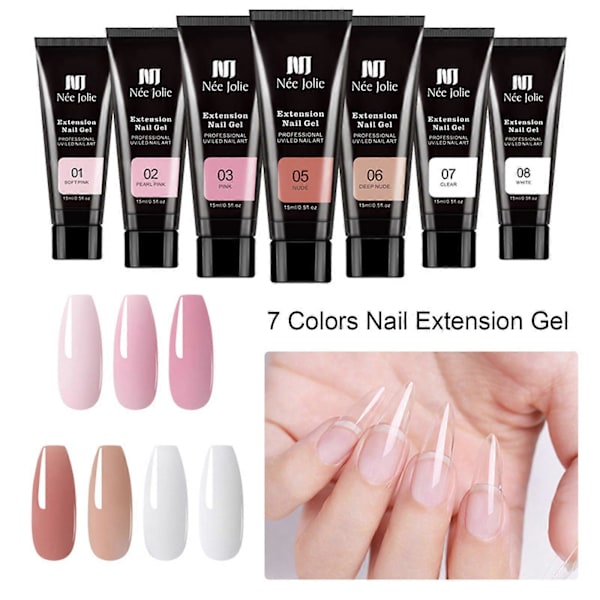 Nee Jolie 15ml Förlängningsgel-Nagelset med Mini-Nagellampa UV-Förlängningsgeler Borste Falska Nagelspetsar Nagelförlängningstips Klämma Baslack Topplack för Naglar