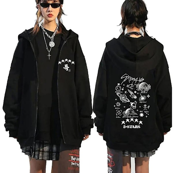 Merke Kpop Stray Kids 5 Star Art Music Album Glidelås Hoodie Korea Stil Mote Glidelås Genser Menn Kvinner Casual Genser Frakker Svart