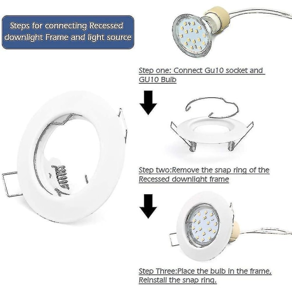 Sett med 10 stk. Gu10-spotrammer, runde, hvite, innfelt monteringsramme