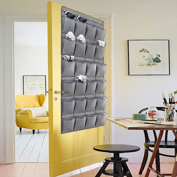 Overdørs Hængende Sko Stativ 24 Lommer, Sko Opbevaring, Foldbar Sko Samling Organizer Opbevaringspose Med Kroge, Linned Grå Scrollsqy