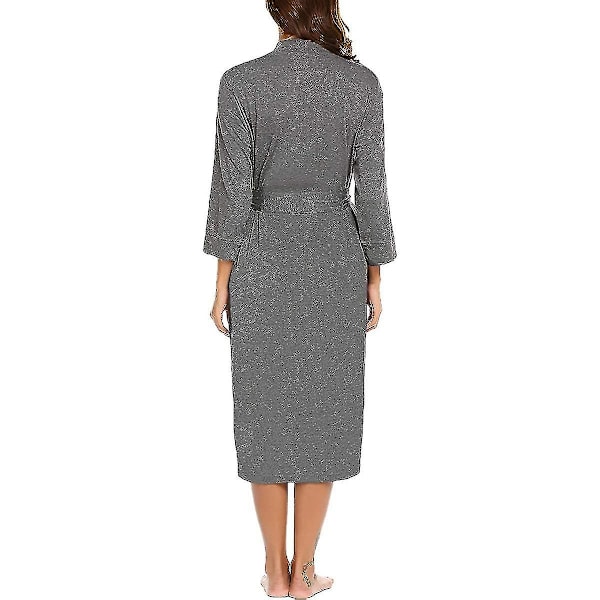 Dam lätt bomull stickad V-ringning lång kimono morgonrock badrock mjuk sovkläder loungewear morgonrock för kvinnor (blommig grå XL)
