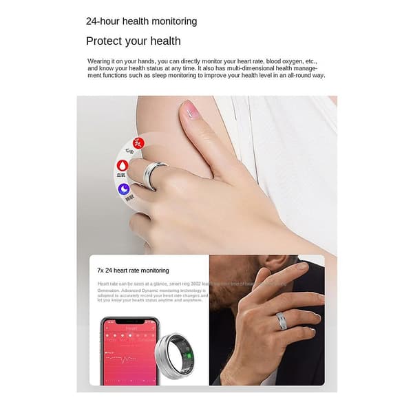 Smart Ring 21,5 mm - Övervaka sömn, blodsocker, hjärtfrekvens, hälsa, Bluetooth, multifunktionell smart ring, A