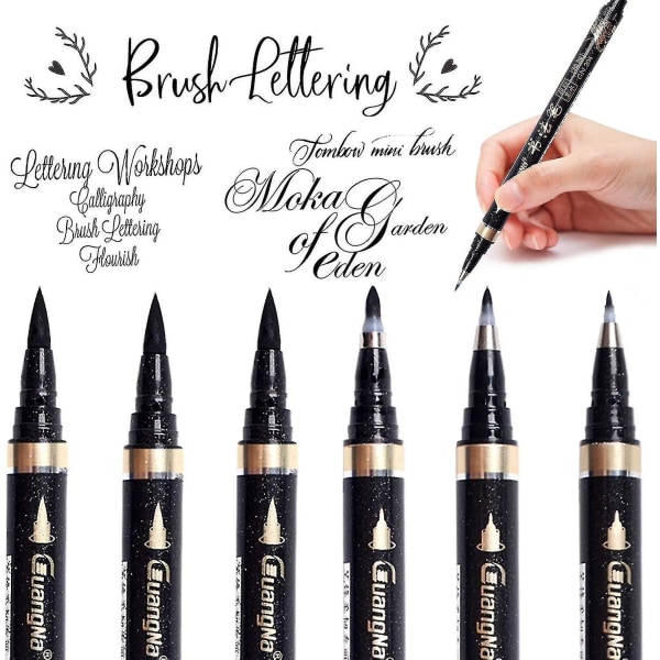 Kalligrafipenner - 6 stk kalligrafisett for nybegynnere Gjenfyllbare svarte børstemarkørpenner,håndbokstavspenner for skriving, signatur, illustrasjon, Des