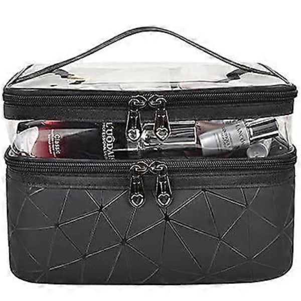 Makeup Tasker Dobbelt Lag Rejse Kosmetik Tasker Makeup Organizer Toilet Tasker (Sort)
