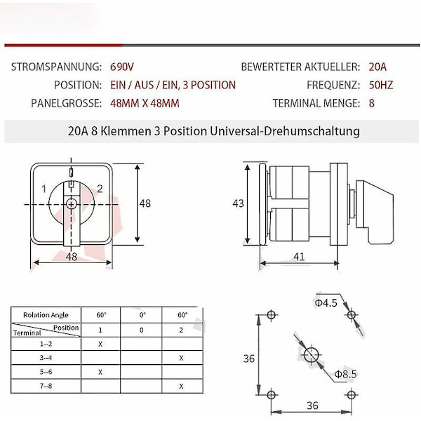 Universal 20A 3-posisjons 8-terminal 690V roterende kamvekslerbryter