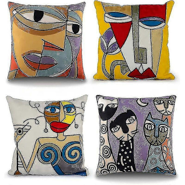 Set med 4 Picasso Kuddfodral 45x45 cm Broderade Linne Soffa Kuddfodral Skandinavisk Dekoration Sovrum Säng Fåtölj D