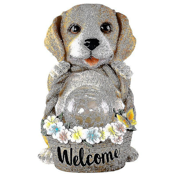 Solcelledrevet hundestatue til haven - Resin hundestatue med revnet glaskrystalaccent